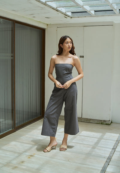 Paloma Black Charcoal Smocked Back Square Cut Tube Jumpsuit