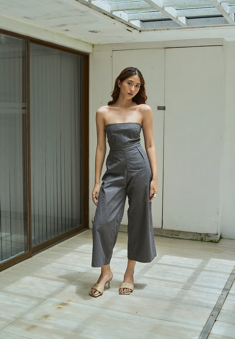 Paloma Black Charcoal Smocked Back Square Cut Tube Jumpsuit