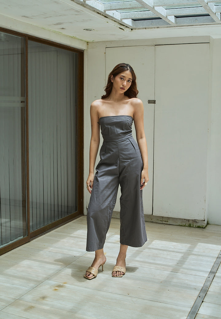 Paloma Black Charcoal Smocked Back Square Cut Tube Jumpsuit