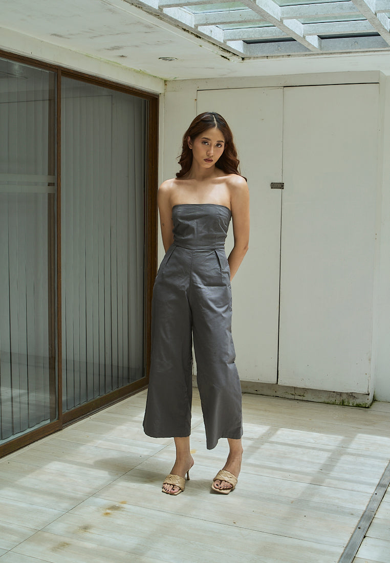 Paloma Black Charcoal Smocked Back Square Cut Tube Jumpsuit