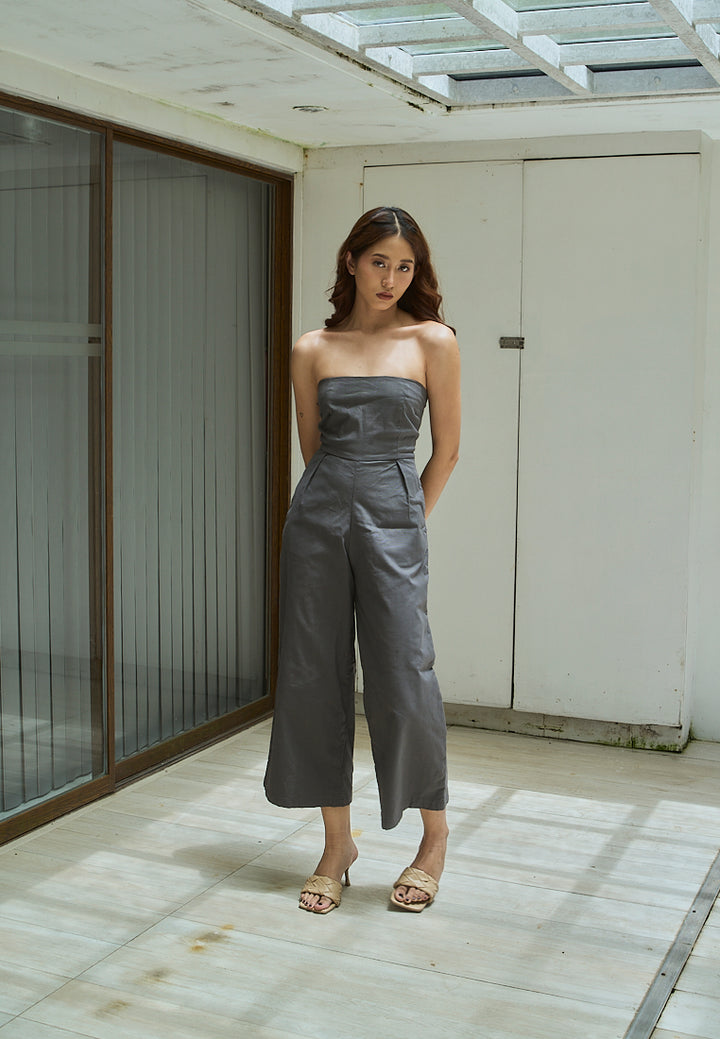Paloma Black Charcoal Smocked Back Square Cut Tube Jumpsuit