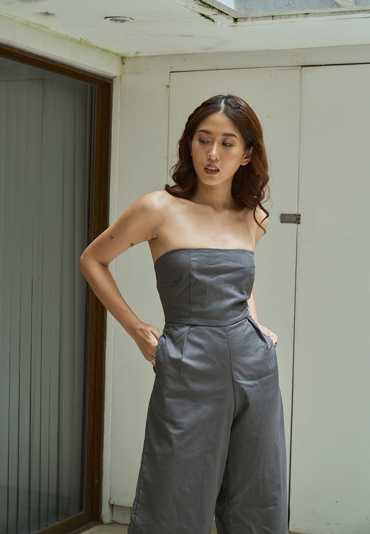 Paloma Black Charcoal Smocked Back Square Cut Tube Jumpsuit