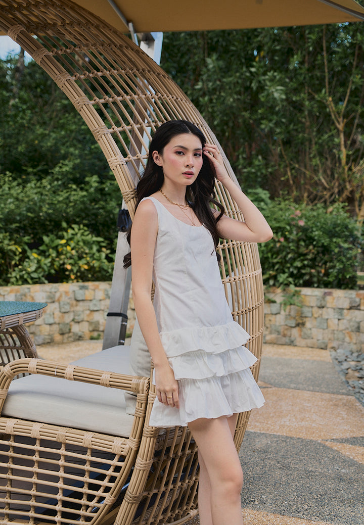 Irma White Pleated Tiered Mini Dress