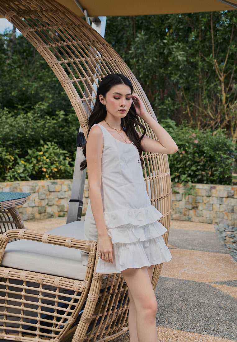 Irma White Pleated Tiered Mini Dress