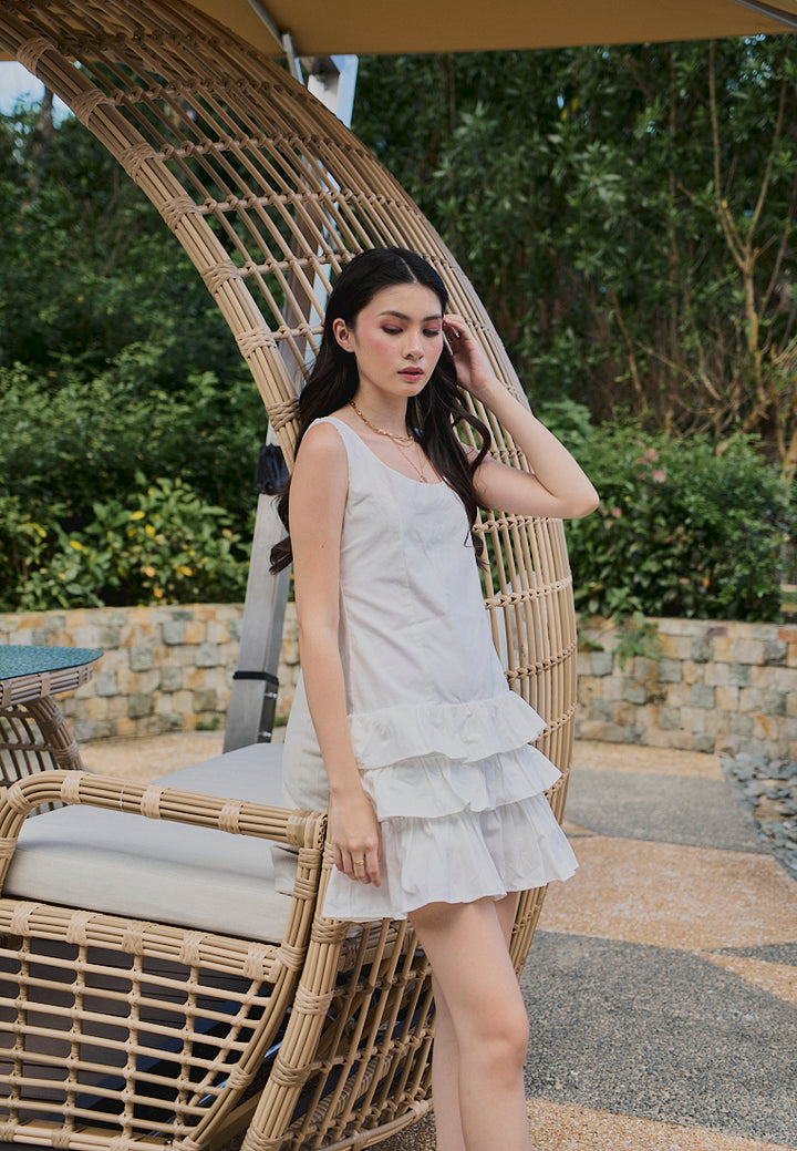 Irma White Pleated Tiered Mini Dress