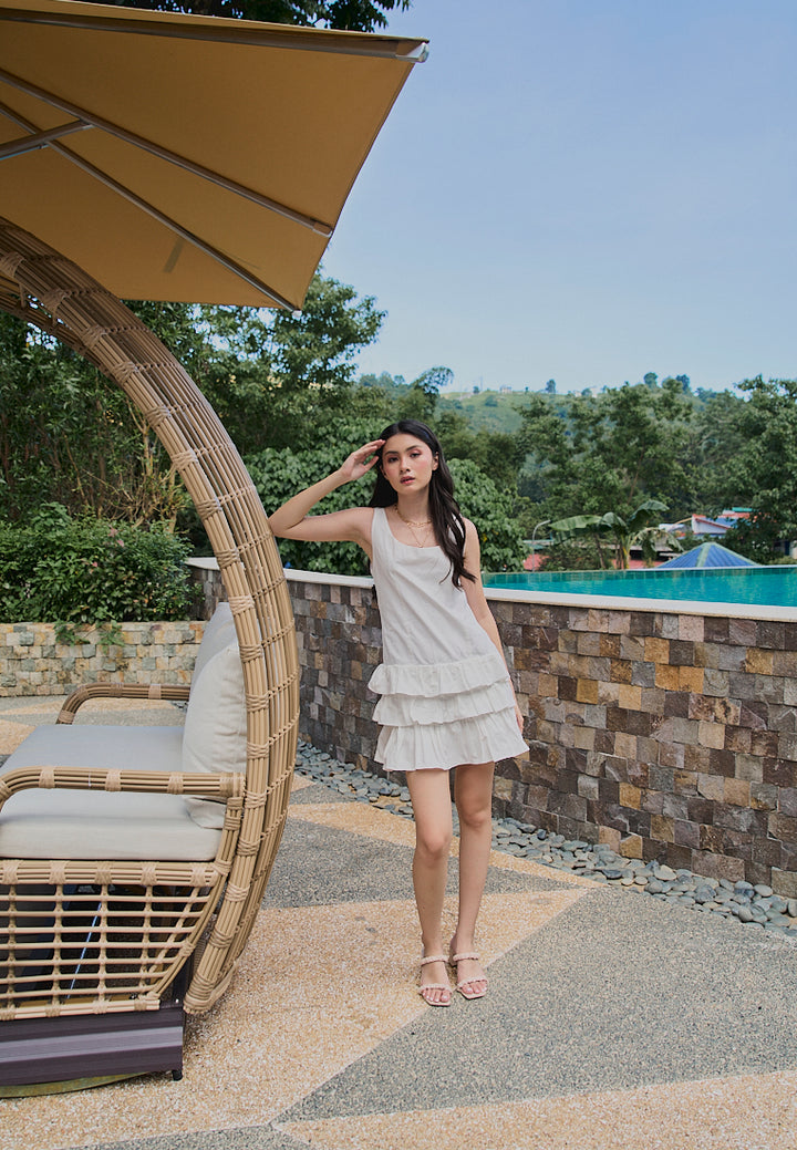 Irma White Pleated Tiered Mini Dress
