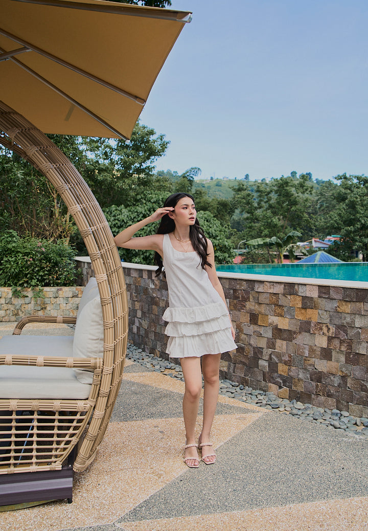 Irma White Pleated Tiered Mini Dress