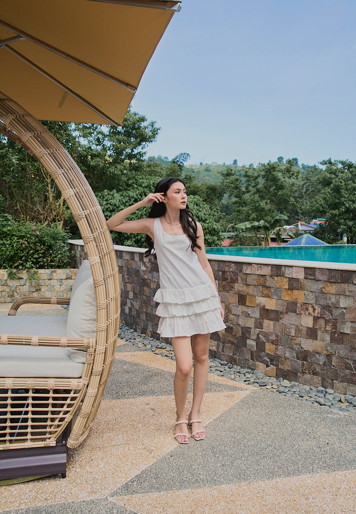 Irma White Pleated Tiered Mini Dress