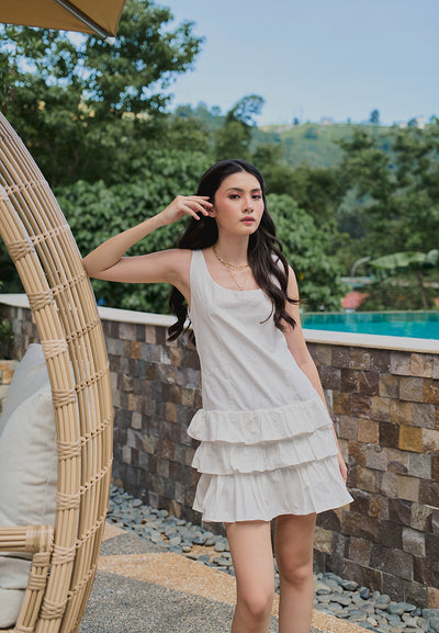 Irma White Pleated Tiered Mini Dress