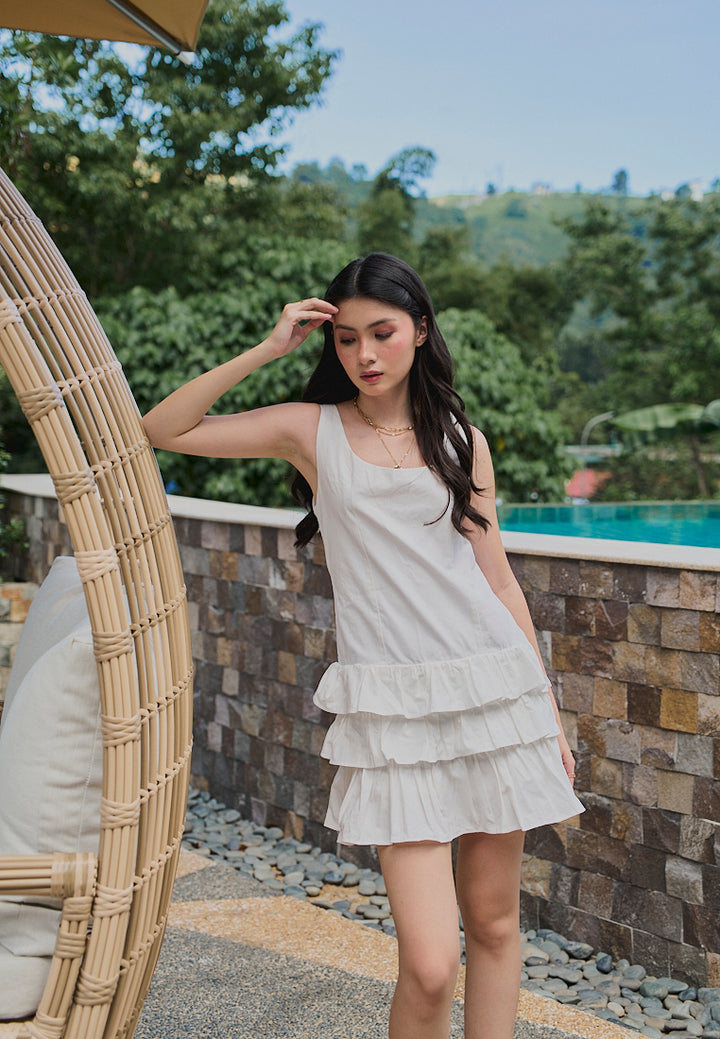 Irma White Pleated Tiered Mini Dress