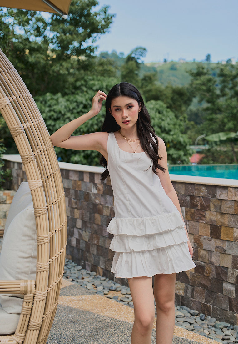 Irma White Pleated Tiered Mini Dress