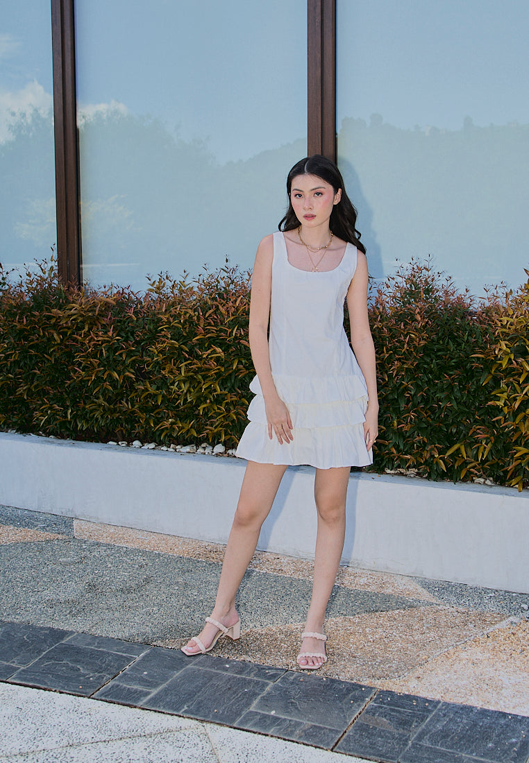 Irma White Pleated Tiered Mini Dress