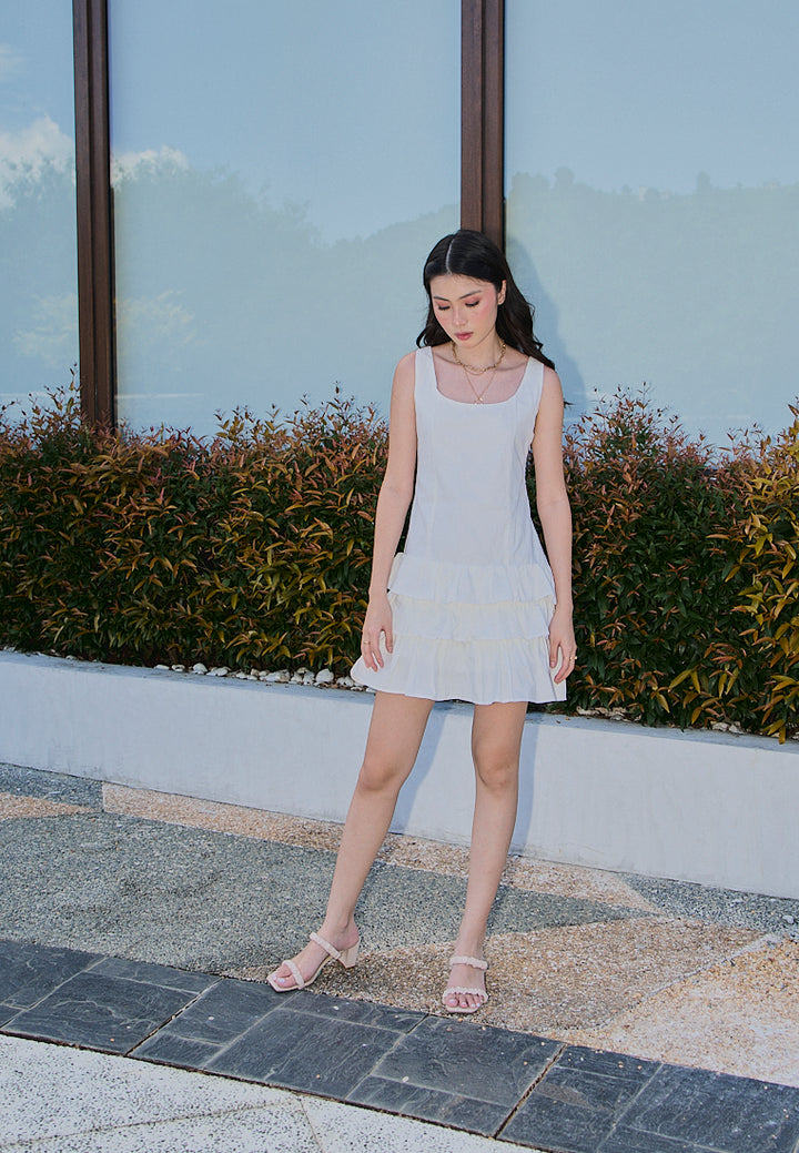 Irma White Pleated Tiered Mini Dress