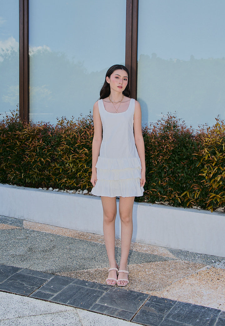 Irma White Pleated Tiered Mini Dress