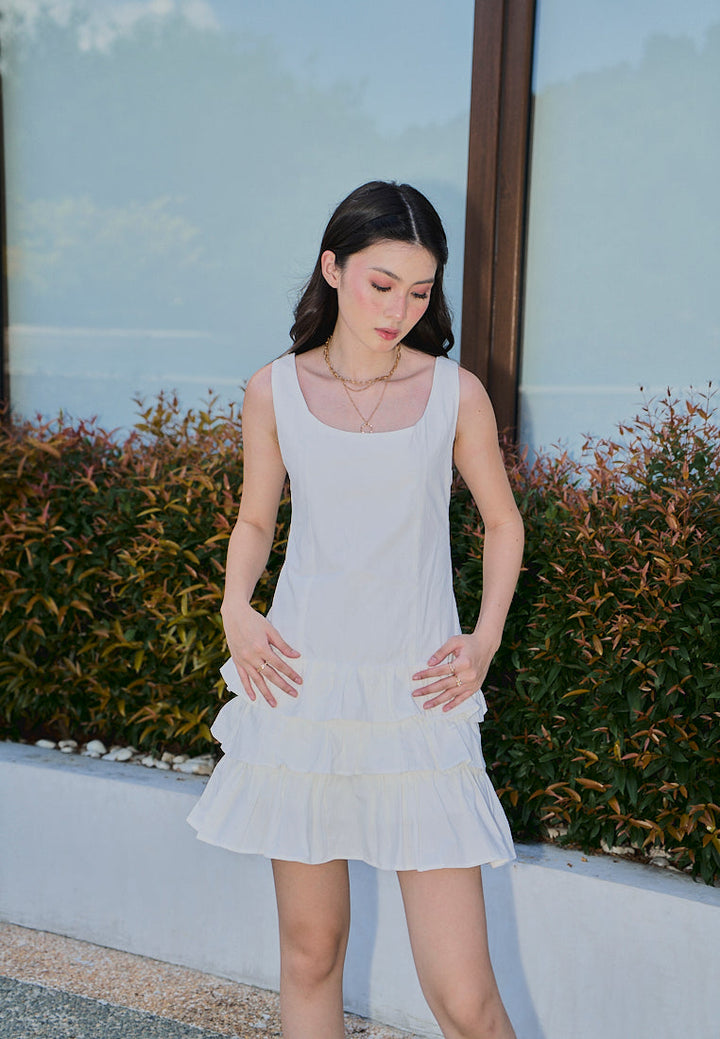 Irma White Pleated Tiered Mini Dress