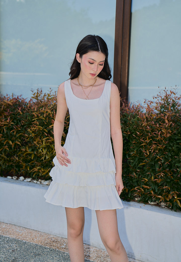 Irma White Pleated Tiered Mini Dress