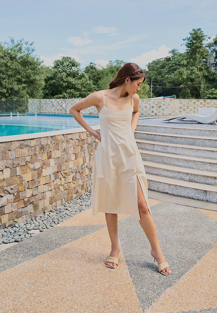 Katharina Beige Square Collar A-Line Front Slit Midi Dress
