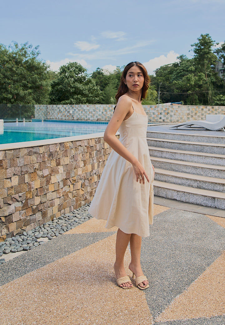 Katharina Beige Square Collar A-Line Front Slit Midi Dress