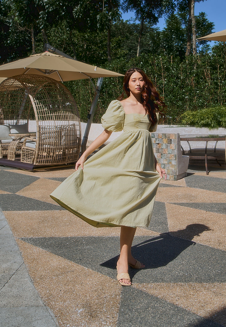 Hilda Sage Green Square Collar Lantern Sleeve Midi Dress