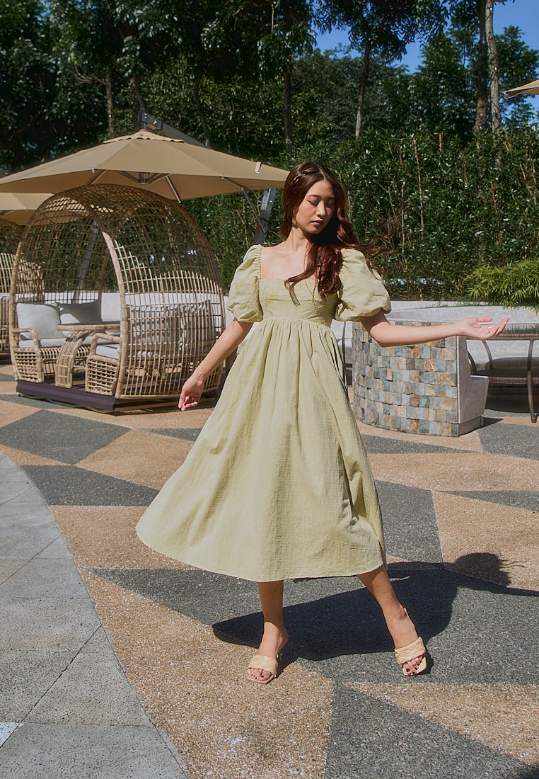 Hilda Sage Green Square Collar Lantern Sleeve Midi Dress