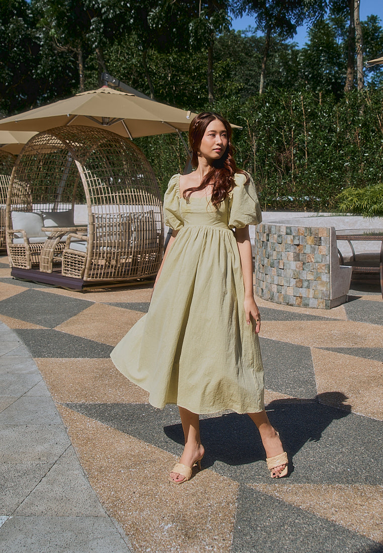 Hilda Sage Green Square Collar Lantern Sleeve Midi Dress