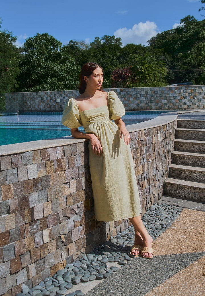 Hilda Sage Green Square Collar Lantern Sleeve Midi Dress