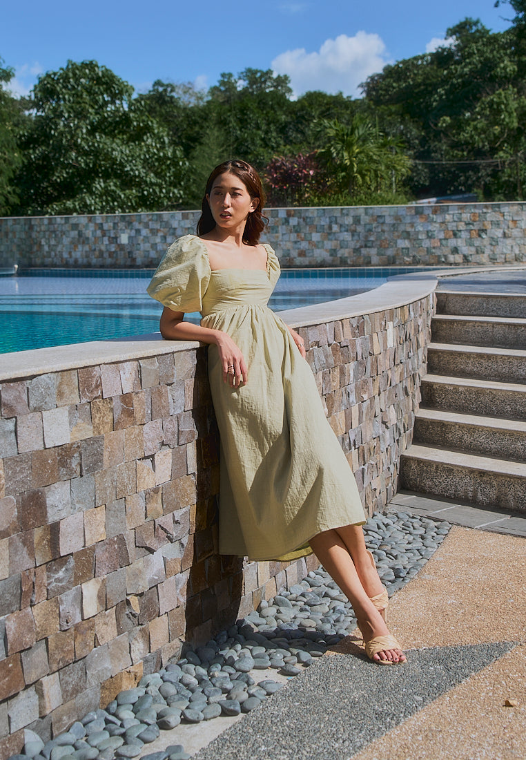 Hilda Sage Green Square Collar Lantern Sleeve Midi Dress