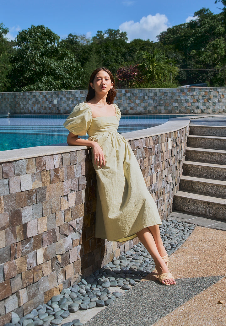 Hilda Sage Green Square Collar Lantern Sleeve Midi Dress