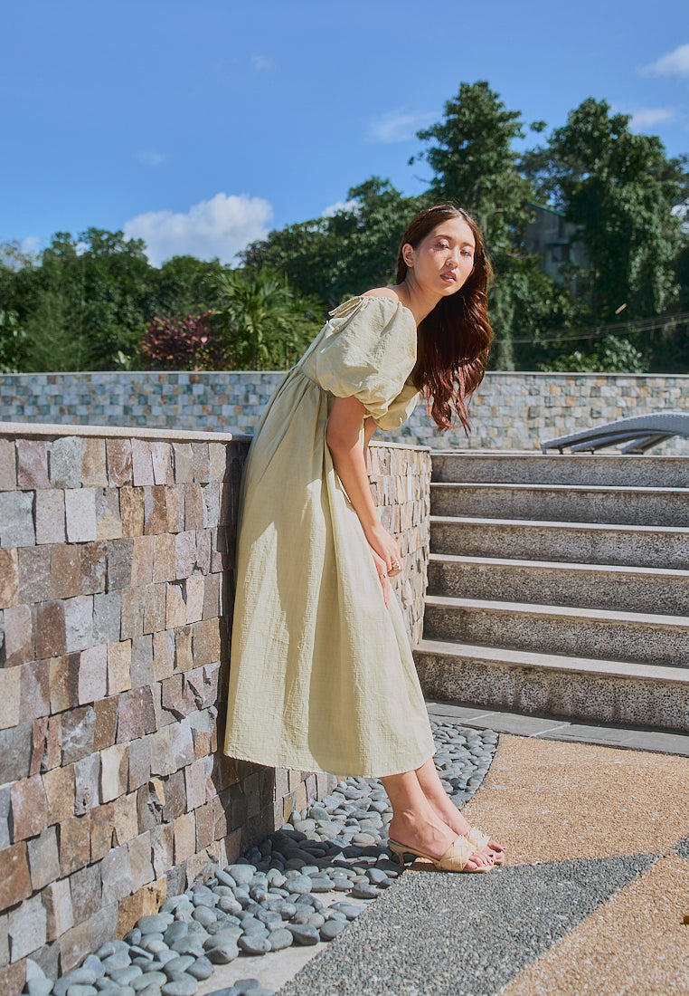 Hilda Sage Green Square Collar Lantern Sleeve Midi Dress
