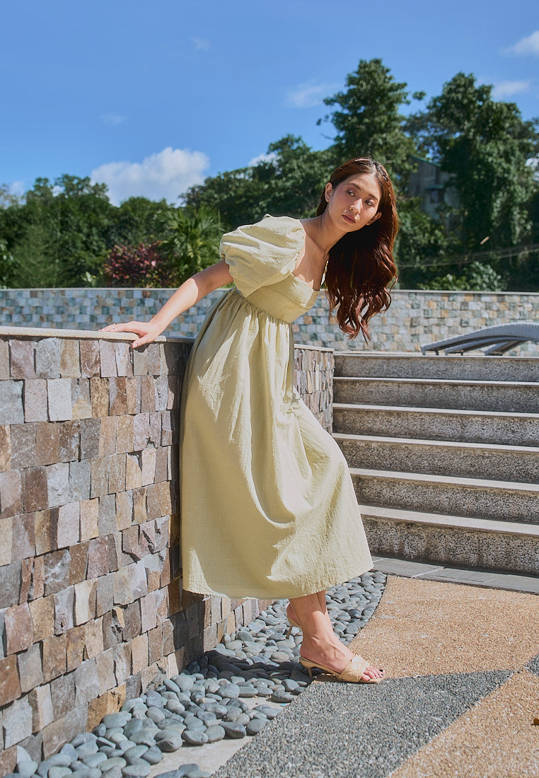 Hilda Sage Green Square Collar Lantern Sleeve Midi Dress