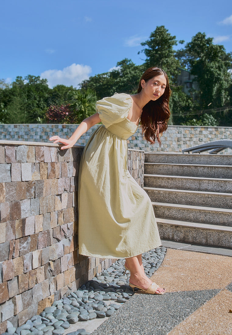 Hilda Sage Green Square Collar Lantern Sleeve Midi Dress