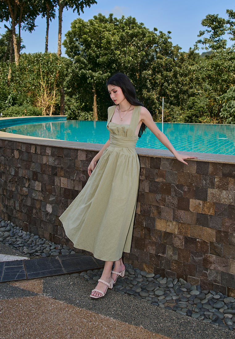 Mathilda Sage Green Square Collar Wrap Around Tie Midi Dress