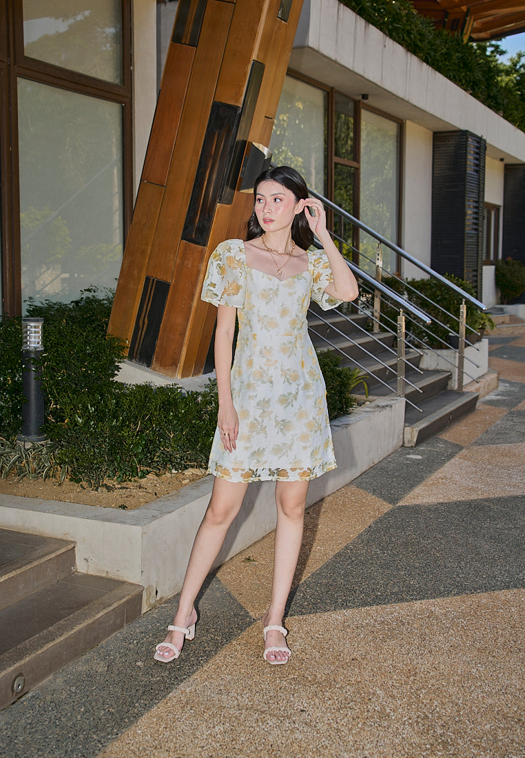 Mildred Pastel Yellow Floral Lace Pattern Puff Short Sleeve Mini Dress