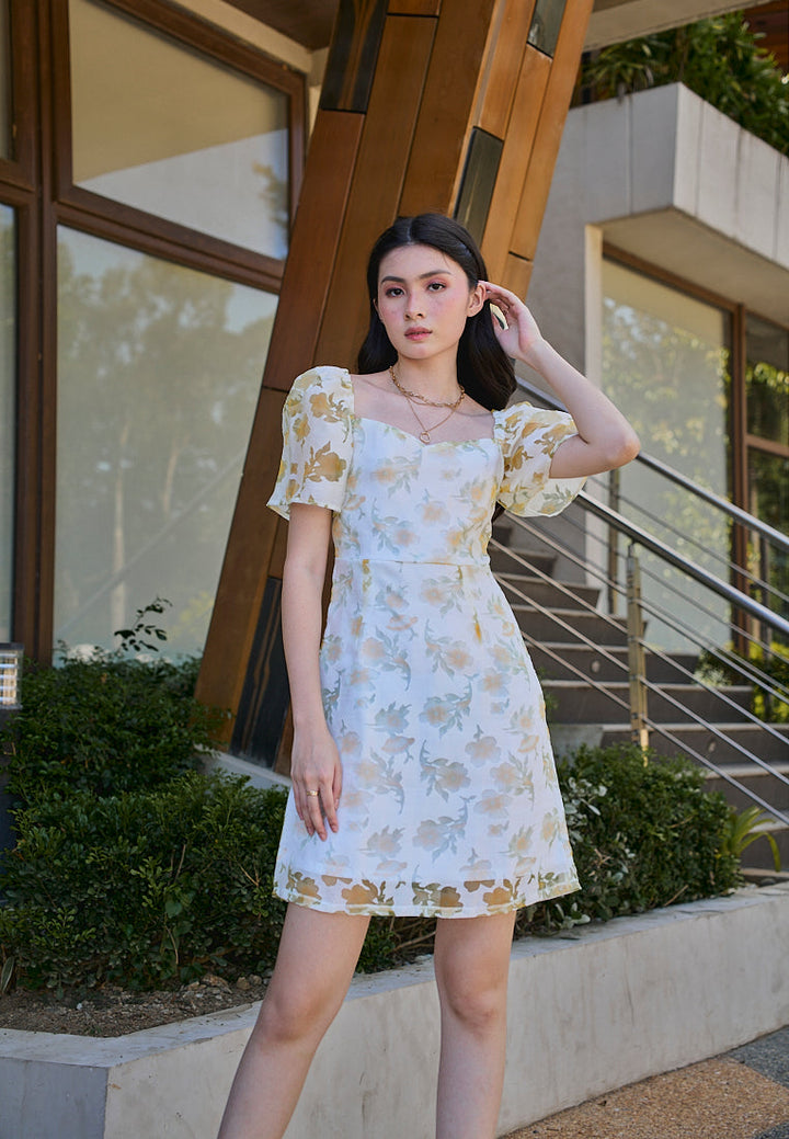 Mildred Pastel Yellow Floral Lace Pattern Puff Short Sleeve Mini Dress