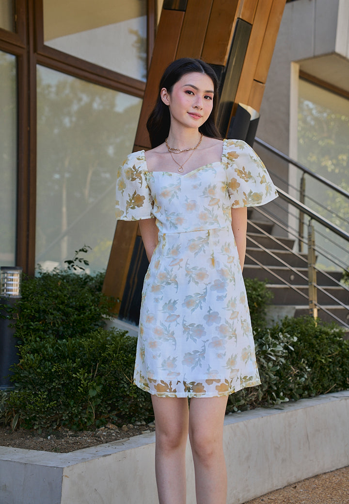 Mildred Pastel Yellow Floral Lace Pattern Puff Short Sleeve Mini Dress