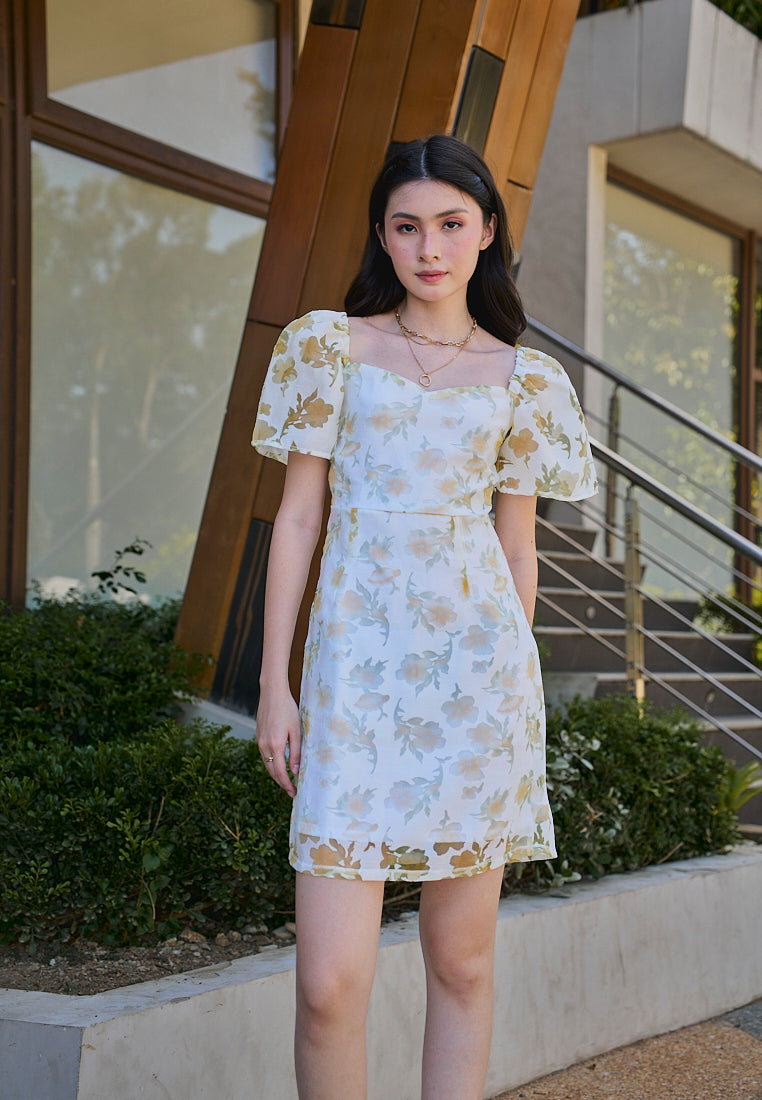 Mildred Pastel Yellow Floral Lace Pattern Puff Short Sleeve Mini Dress