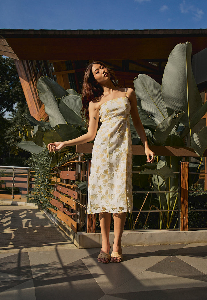 Fava Yellow Floral Lace Pattern Square Neck Thin Strap Midi Dress