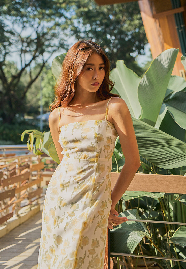 Fava Yellow Floral Lace Pattern Square Neck Thin Strap Midi Dress