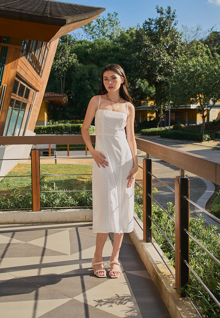 Fava White Floral Embroided Square Neck Thin Strap Midi Dress