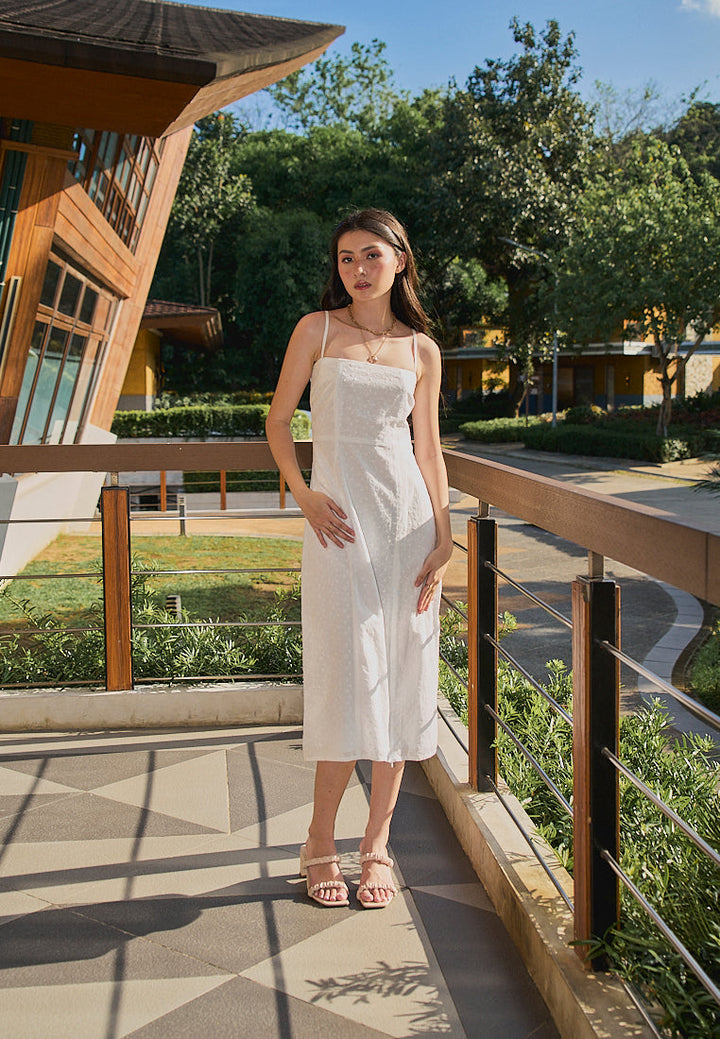 Fava White Floral Embroided Square Neck Thin Strap Midi Dress