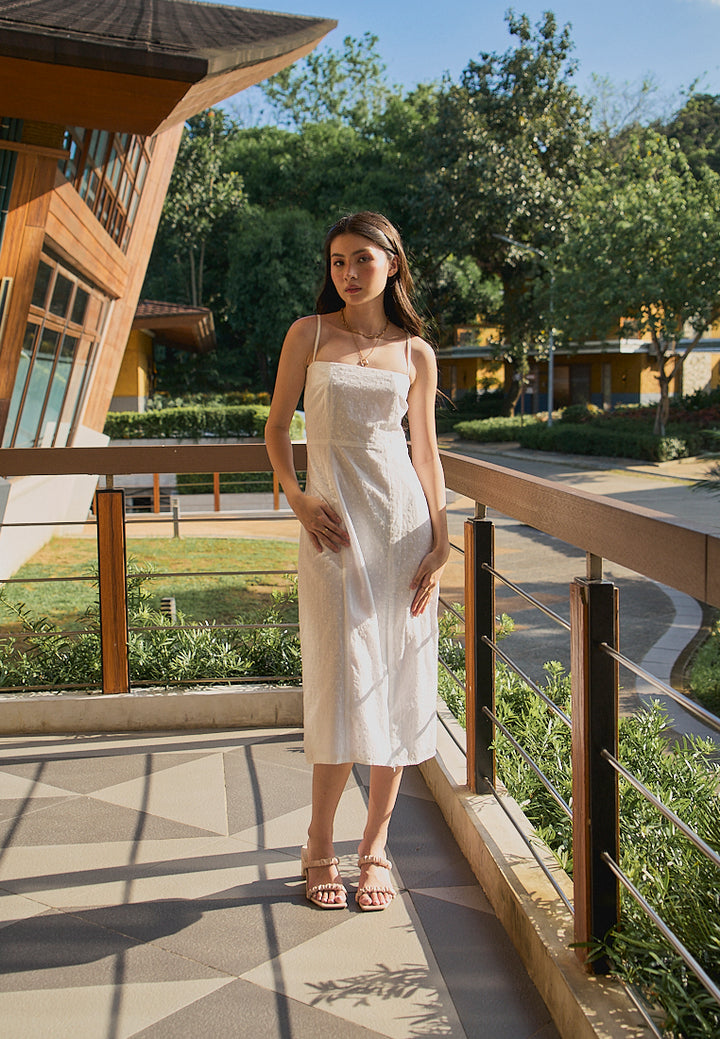 Fava White Floral Embroided Square Neck Thin Strap Midi Dress