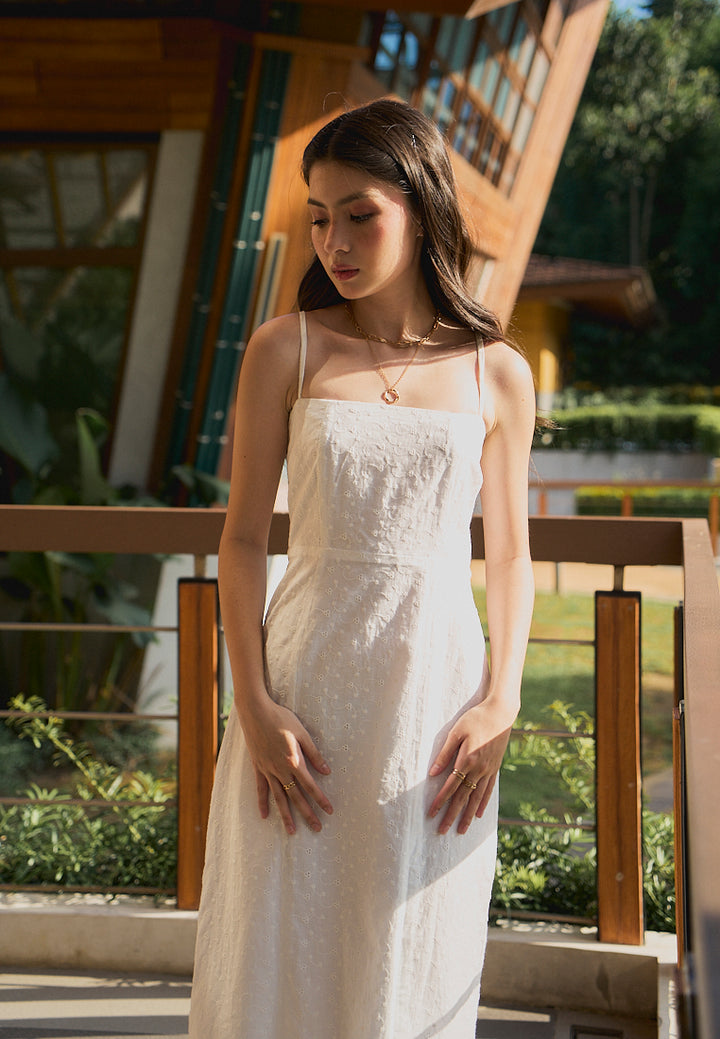 Fava White Floral Embroided Square Neck Thin Strap Midi Dress