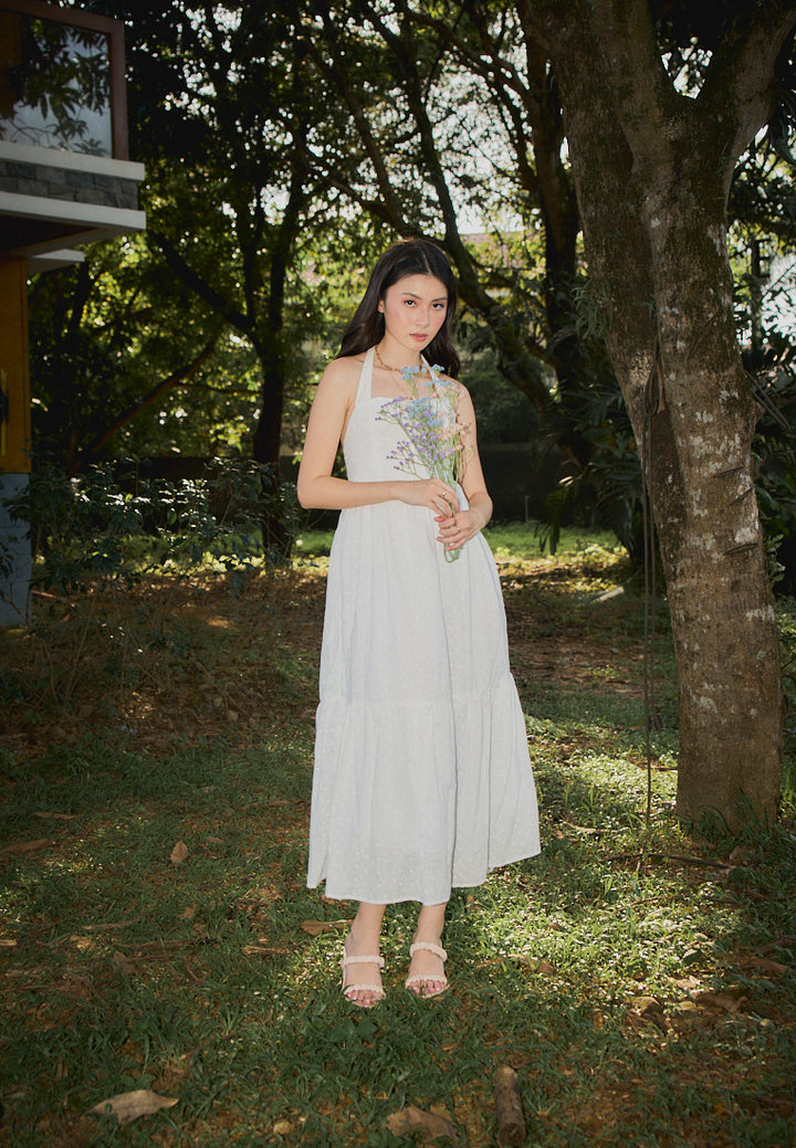 Ziska White Floral Embroided Halter Midi Mermaid Dress