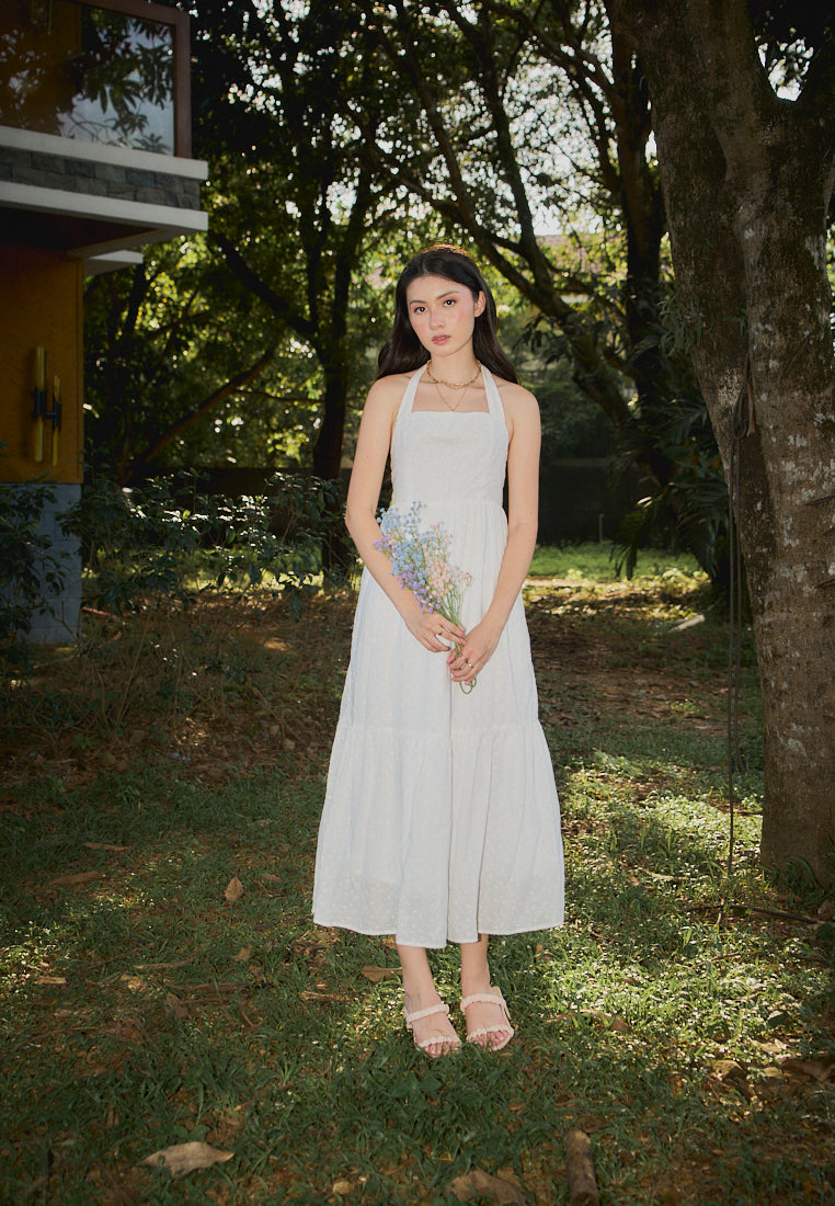 Ziska White Floral Embroided Halter Midi Mermaid Dress