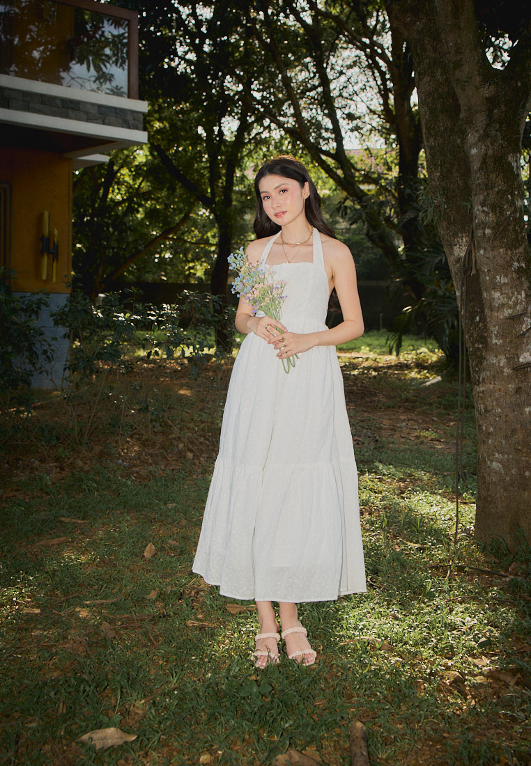 Ziska White Floral Embroided Halter Midi Mermaid Dress