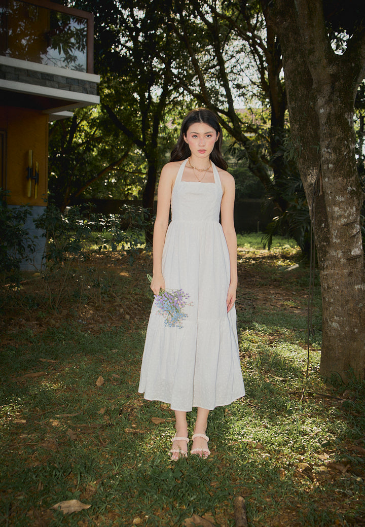 Ziska White Floral Embroided Halter Midi Mermaid Dress