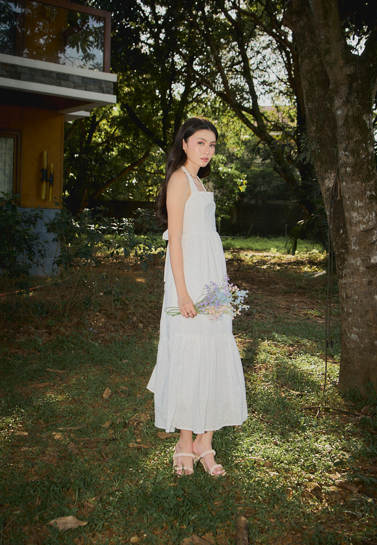 Ziska White Floral Embroided Halter Midi Mermaid Dress