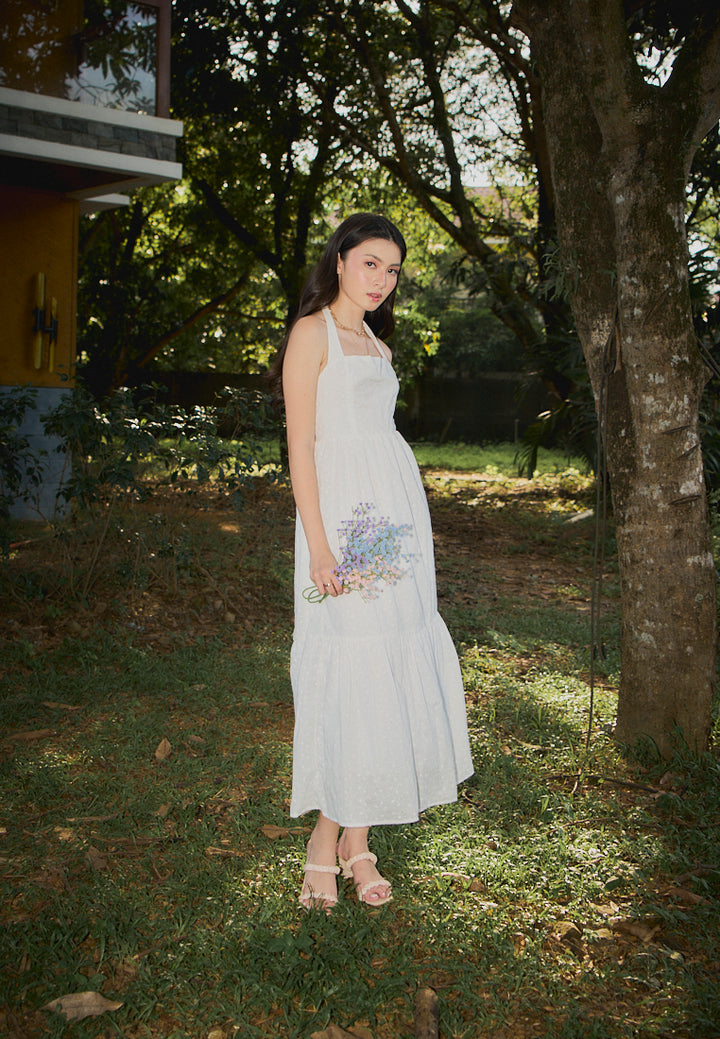 Ziska White Floral Embroided Halter Midi Mermaid Dress