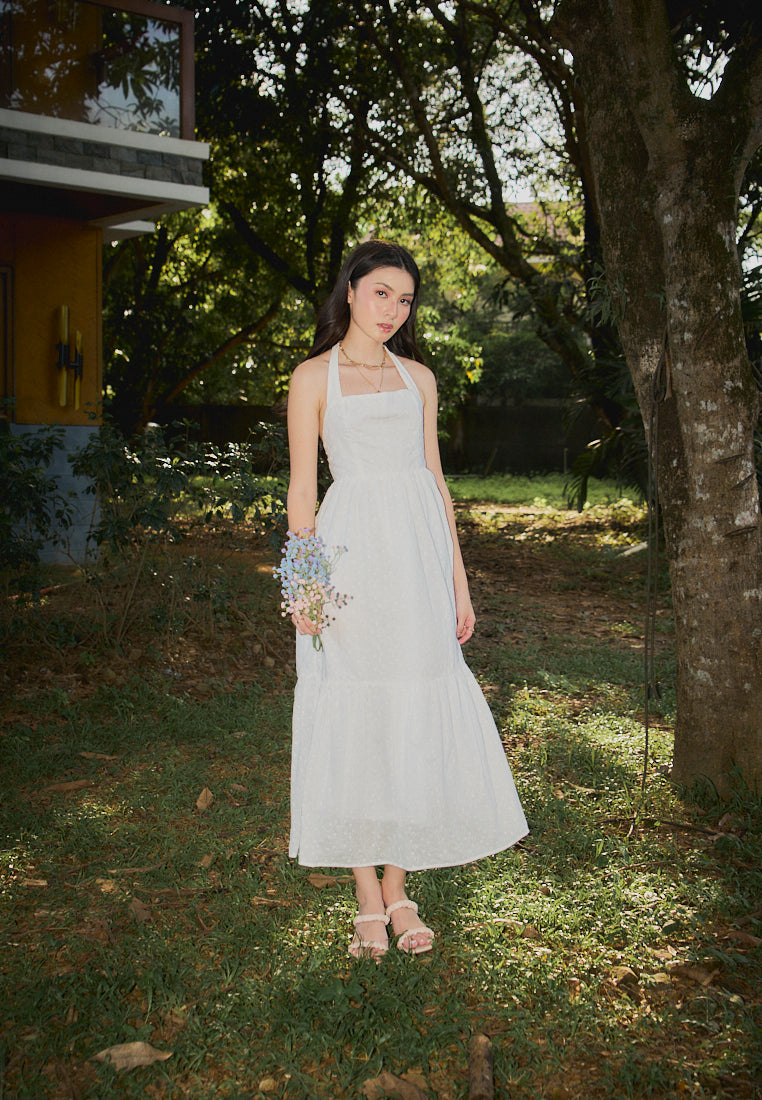Ziska White Floral Embroided Halter Midi Mermaid Dress