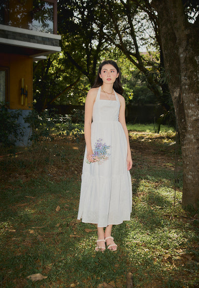 Ziska White Floral Embroided Halter Midi Mermaid Dress